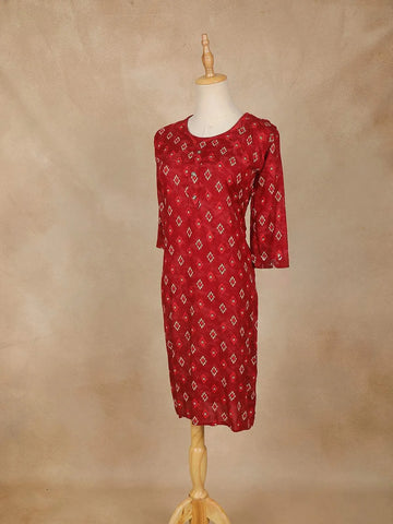 Dark Red Printed Designs Cotton Kurti - Diadem