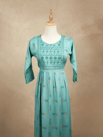Cyan Blue Cotton Kurtis Adorned With Sequins and Embroidery with Floral Design without Dupatta - Diadem