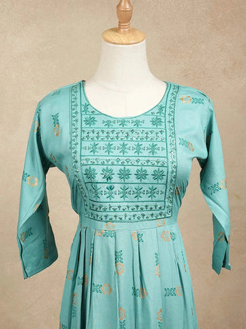 Cyan Blue Cotton Kurtis Adorned With Sequins and Embroidery with Floral Design without Dupatta - Diadem