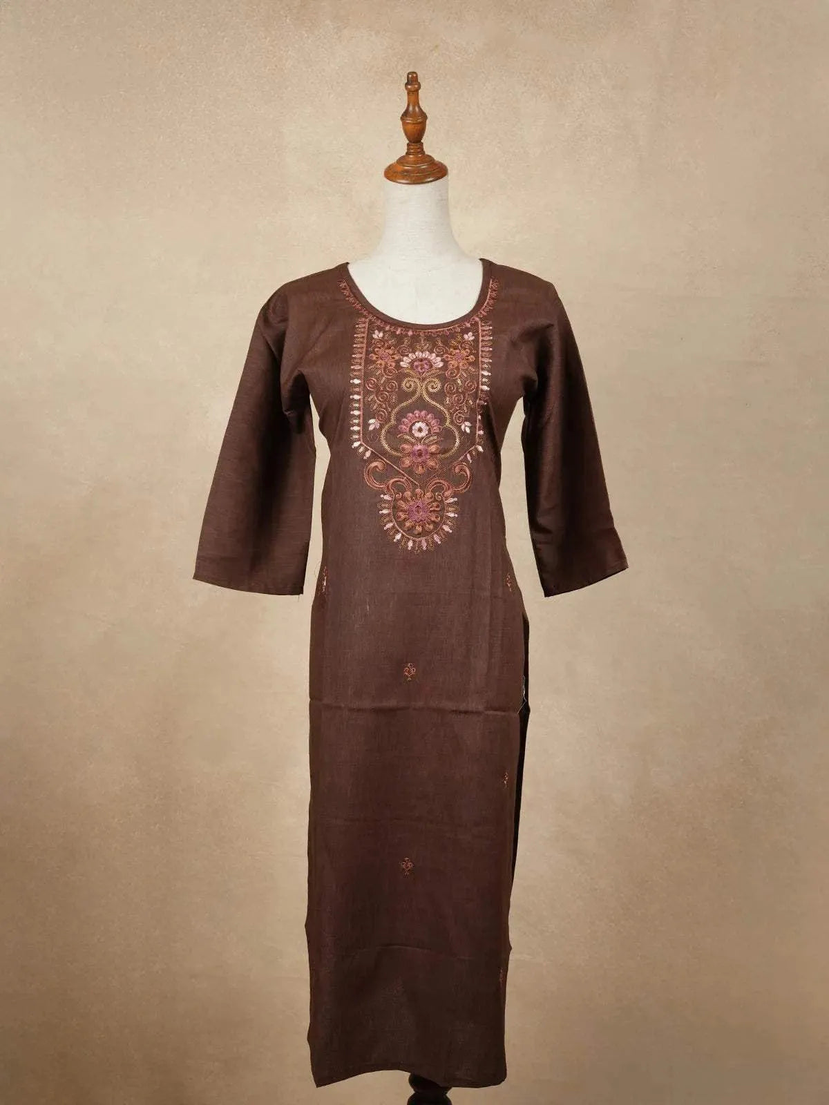 Brown Cotton Kurtis Embellished with Sequins and Embroidery Floral Designs without Dupatta - Diadem