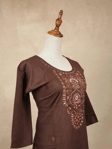 Brown Cotton Kurtis Embellished with Sequins and Embroidery Floral Designs without Dupatta - Diadem