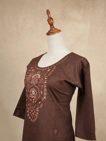Brown Cotton Kurtis Embellished with Sequins and Embroidery Floral Designs without Dupatta - Diadem