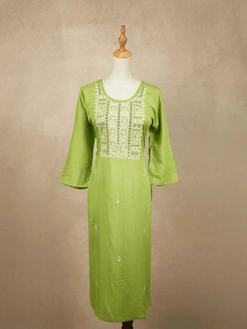 Green Cotton Kurtis Adorned With Embroidery and Floral Designs without Dupatta - Diadem
