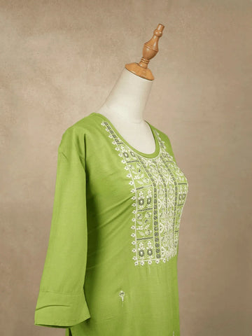 Green Cotton Kurtis Adorned With Embroidery and Floral Designs without Dupatta - Diadem