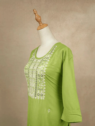 Green Cotton Kurtis Adorned With Embroidery and Floral Designs without Dupatta - Diadem