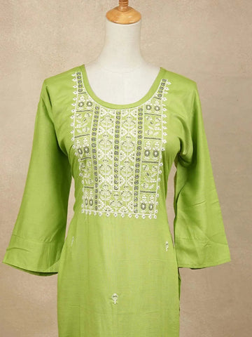 Green Cotton Kurtis Adorned With Embroidery and Floral Designs without Dupatta - Diadem