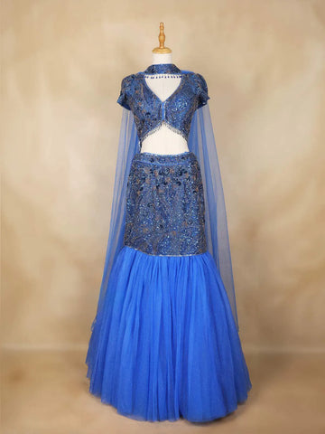 Royal Blue Mermaid Lehenga Adorned with Sequins and Beads Flower Design with Choker Dupatta - Diadem