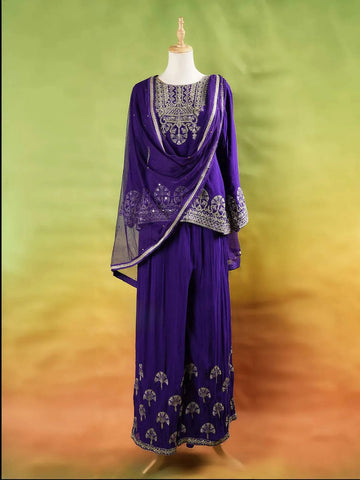 Royal Blue Palazzo Suit Adorned with Floral Embroidery, With Dupatta and 3/4 Sleeve - Diadem
