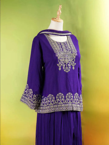 Royal Blue Palazzo Suit Adorned with Floral Embroidery, With Dupatta and 3/4 Sleeve - Diadem