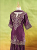 Burgundy Palazzo Suit Adorned with Floral Embroidery With Net Dupatta and 3/4 Sleeve - Diadem