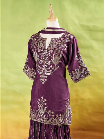 Burgundy Palazzo Suit Adorned with Floral Embroidery With Net Dupatta and 3/4 Sleeve - Diadem