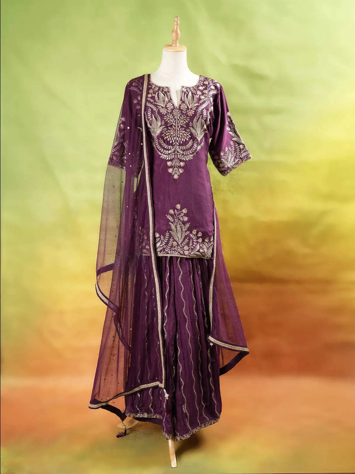 Burgundy Palazzo Suit Adorned with Floral Embroidery With Net Dupatta and 3/4 Sleeve - Diadem