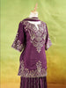 Burgundy Palazzo Suit Adorned with Floral Embroidery With Net Dupatta and 3/4 Sleeve - Diadem