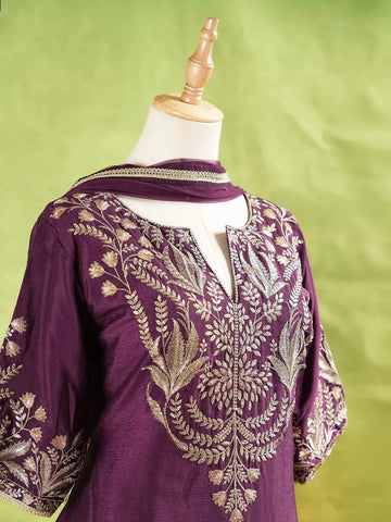 Burgundy Palazzo Suit Adorned with Floral Embroidery With Net Dupatta and 3/4 Sleeve - Diadem