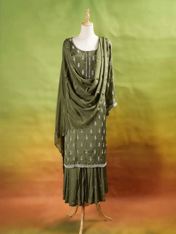 Olive Green Palazzo Suit Adorned with Floral Embroidery, With Scallop Dupatta and Full Sleeve - Diadem
