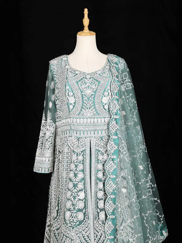 Aqua Green Full Sleeve Wedding Bridal Lehenga with Floral Embroidery - Diadem