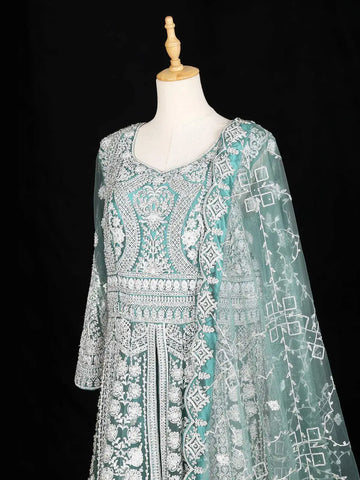Aqua Green Full Sleeve Wedding Bridal Lehenga with Floral Embroidery - Diadem