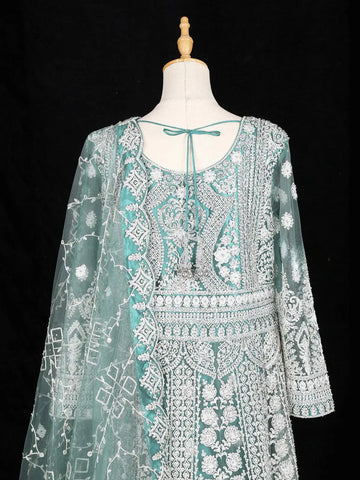 Aqua Green Full Sleeve Wedding Bridal Lehenga with Floral Embroidery - Diadem