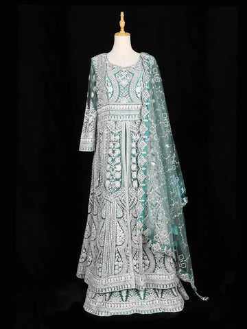 Aqua Green Full Sleeve Wedding Bridal Lehenga with Floral Embroidery - Diadem