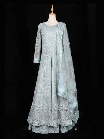 Sky Blue Full Sleeve Bridal Lehenga for Women with Floral Embroidery - Diadem