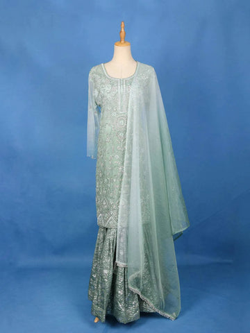 Green Floral Embroidered Sharara Salwar Suit Online - Diadem