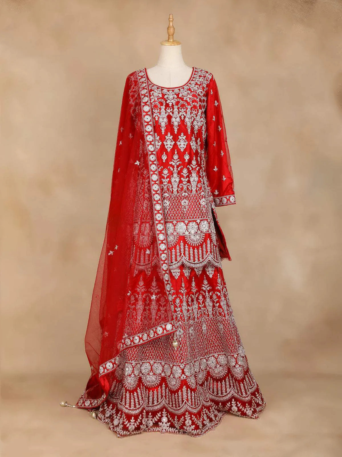 Red Full Sleeve Designer Bridal Lehenga with Floral Embroidery - Diadem