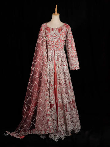Onion Pink Floral Embroidery Bridal Reception Gown - Diadem