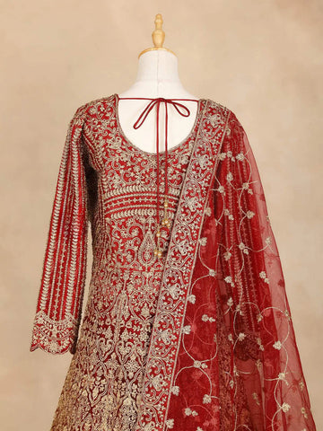 Dark Red Full Sleeve Bridal Lehenga with Heavy Floral Embroidery - Diadem