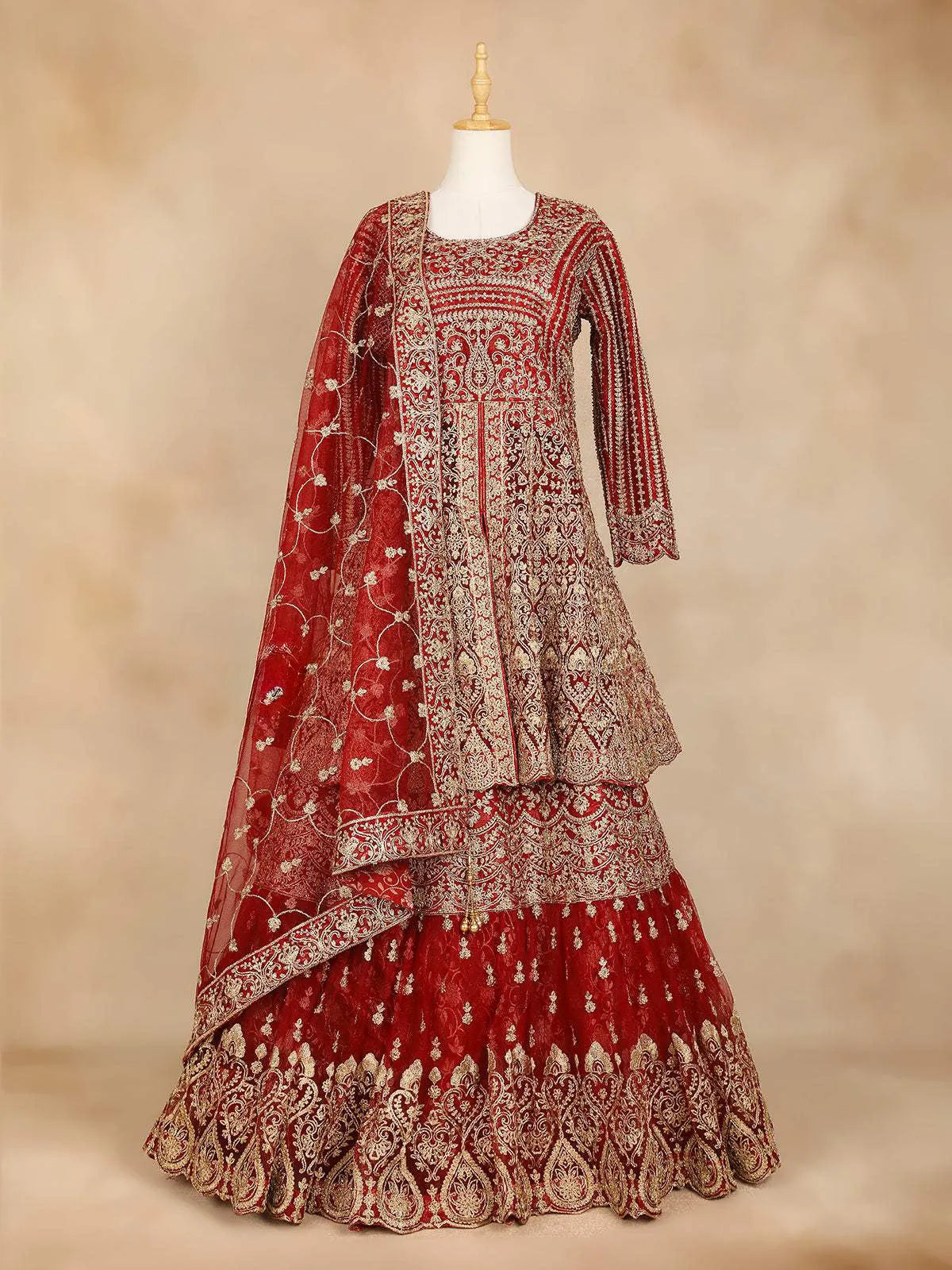 Dark Red Full Sleeve Bridal Lehenga with Heavy Floral Embroidery - Diadem