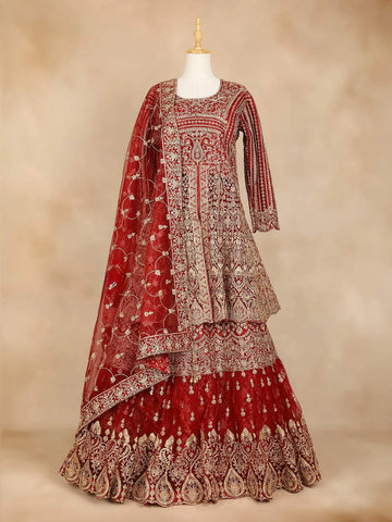 Dark Red Full Sleeve Bridal Lehenga with Heavy Floral Embroidery - Diadem