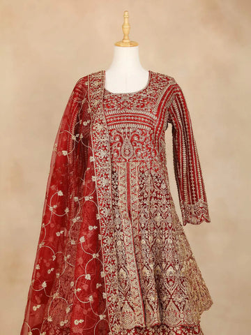 Dark Red Full Sleeve Bridal Lehenga with Heavy Floral Embroidery - Diadem