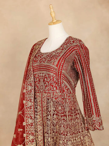 Dark Red Full Sleeve Bridal Lehenga with Heavy Floral Embroidery - Diadem