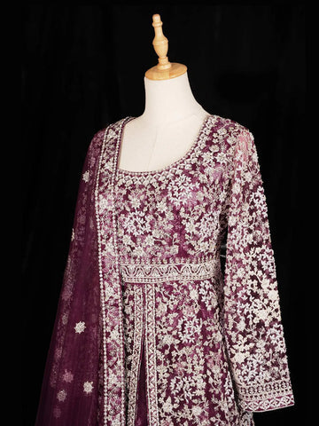 Dark Purple Floral Embroidery Designed Bridal Reception Gown - Diadem