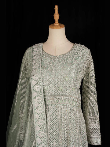 Pale Green Engagement Gown for Women with Floral and Diamond Embroidery Design and Net Dupatta - Diadem