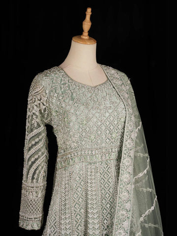 Pale Green Engagement Gown for Women with Floral and Diamond Embroidery Design and Net Dupatta - Diadem