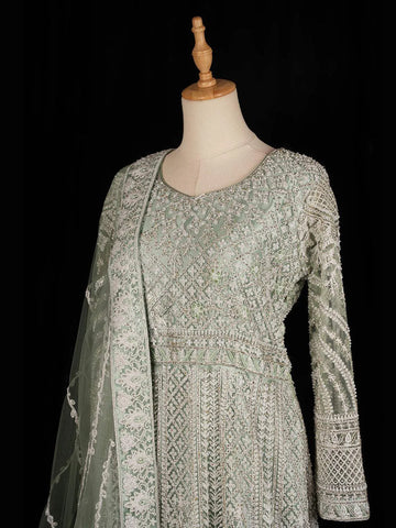 Pale Green Engagement Gown for Women with Floral and Diamond Embroidery Design and Net Dupatta - Diadem