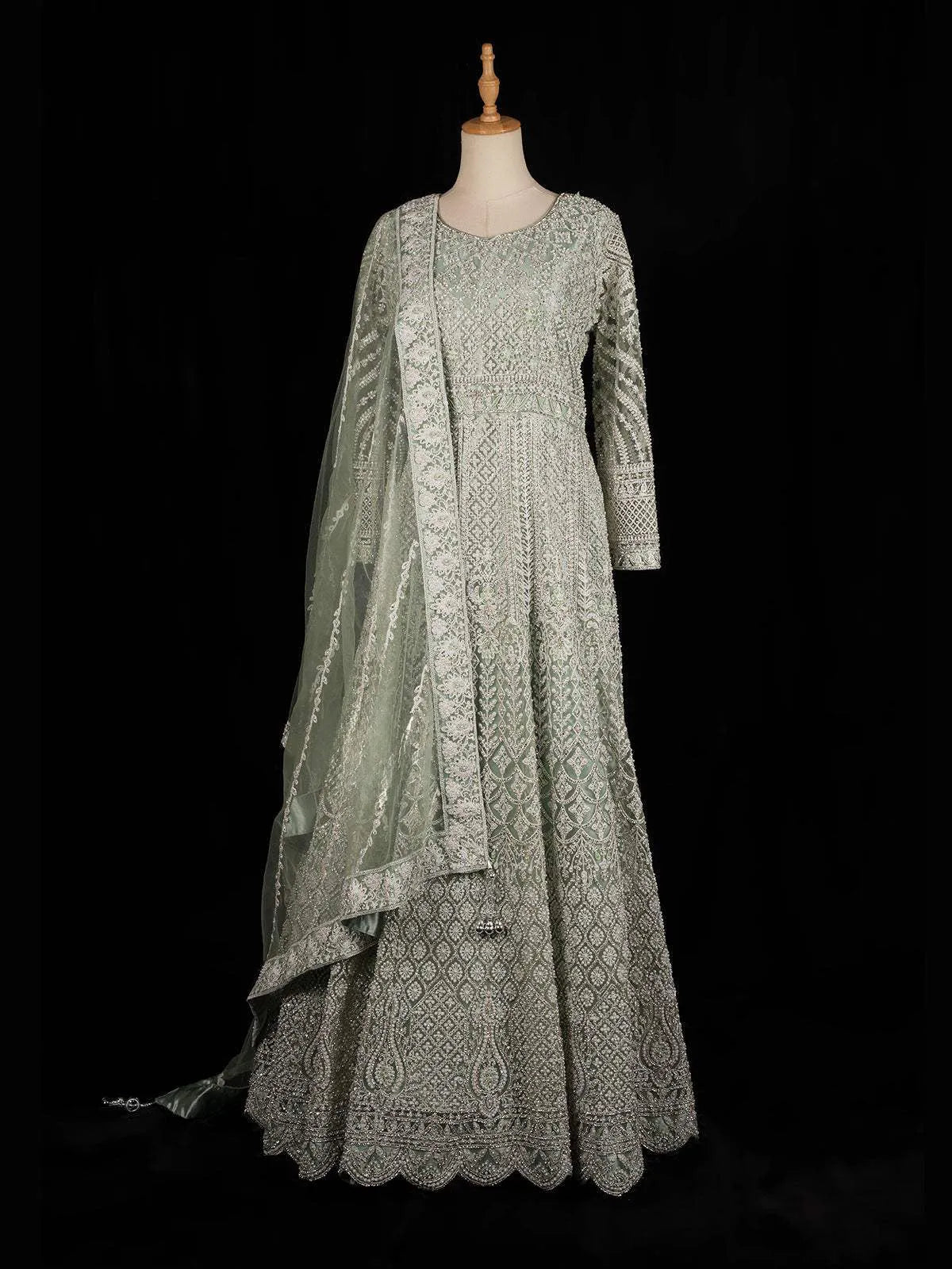 Pale Green Engagement Gown for Women with Floral and Diamond Embroidery Design and Net Dupatta - Diadem