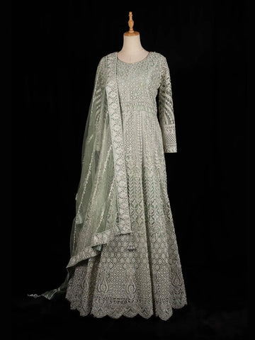 Pale Green Engagement Gown for Women with Floral and Diamond Embroidery Design and Net Dupatta - Diadem