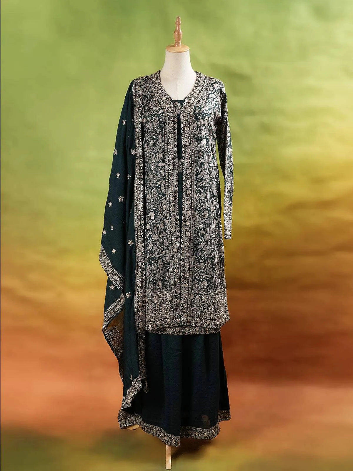 Dark Green Palazzo Suit Adorned with Floral Embroidery, With Dupatta and Full Sleeve - Diadem