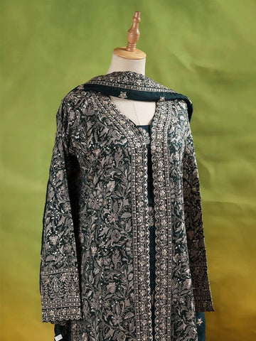 Dark Green Palazzo Suit Adorned with Floral Embroidery, With Dupatta and Full Sleeve - Diadem