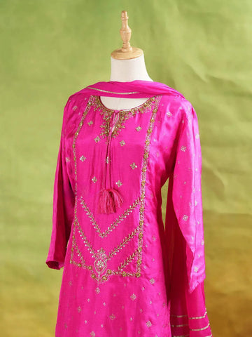 Pink Palazzo Suit Adorned with Floral Embroidery, With Dupatta and 3/4 Sleeve - Diadem
