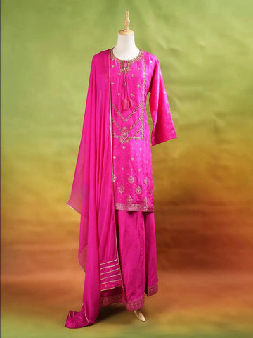 Pink Palazzo Suit Adorned with Floral Embroidery, With Dupatta and 3/4 Sleeve - Diadem