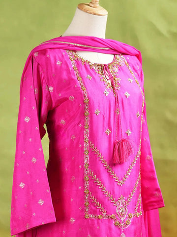 Pink Palazzo Suit Adorned with Floral Embroidery, With Dupatta and 3/4 Sleeve - Diadem