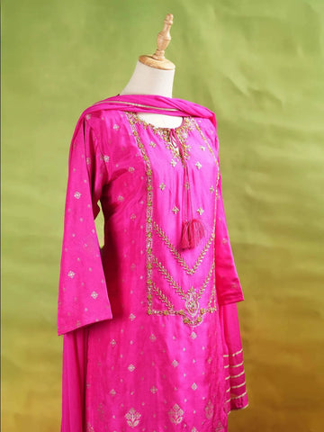 Pink Palazzo Suit Adorned with Floral Embroidery, With Dupatta and 3/4 Sleeve - Diadem