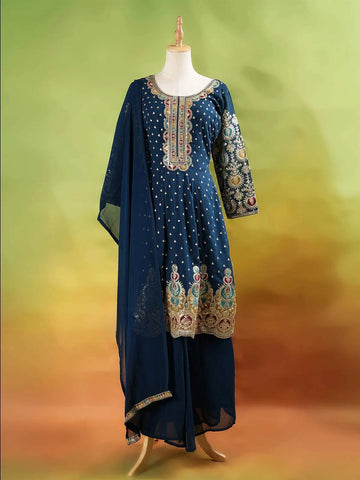 Dark Green Palazzo Suit Adorned with Floral and Sequins Embroidery, With Dupatta and 3/4 Sleeve - Diadem
