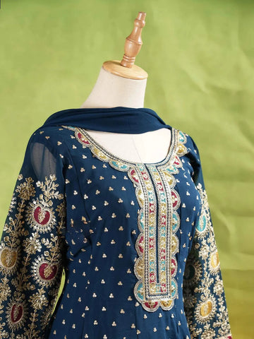Dark Green Palazzo Suit Adorned with Floral and Sequins Embroidery, With Dupatta and 3/4 Sleeve - Diadem