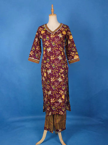 Dark Red Cotton Floral Printed Salwar Suit for Girls - Diadem