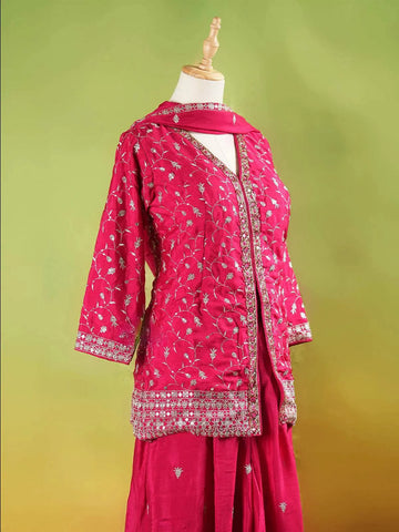 Dark Pink Palazzo Suit Adorned with Floral Embroidery, With Dupatta and 3/4 Sleeve - Diadem