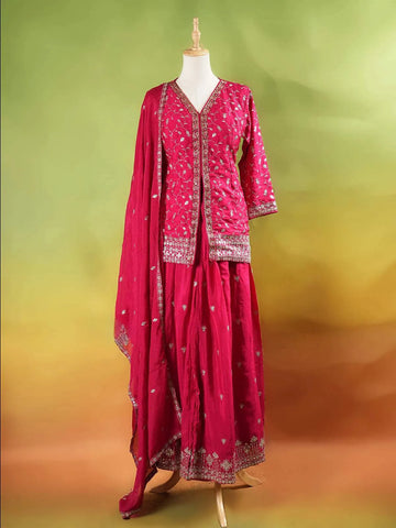 Dark Pink Palazzo Suit Adorned with Floral Embroidery, With Dupatta and 3/4 Sleeve - Diadem