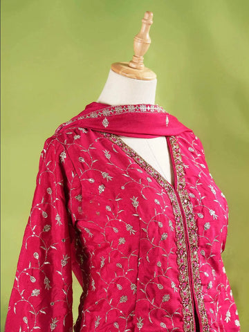 Dark Pink Palazzo Suit Adorned with Floral Embroidery, With Dupatta and 3/4 Sleeve - Diadem